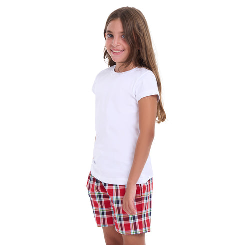 Girls summer pajama set White t-shirt + Red x Dark blue checkered shorts
